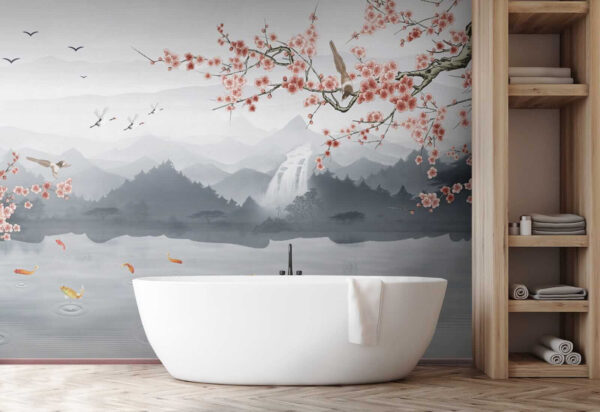 Pintura de um rio com uma cascata e pássaros Pintura de um rio com uma cascata e pássaros