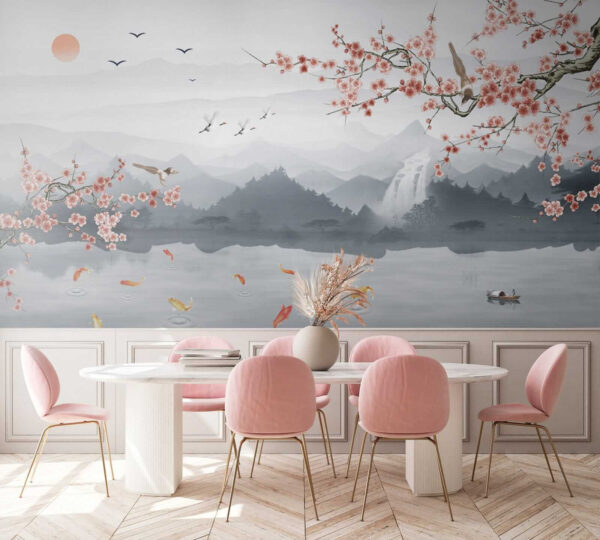 Pintura de um rio com uma cascata e pássaros Pintura de um rio com uma cascata e pássaros