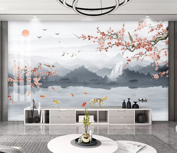 Pintura de um rio com uma cascata e pássaros Pintura de um rio com uma cascata e pássaros