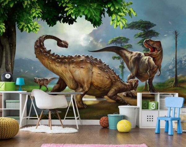 Pintura de dinossauros perto de um rio Pintura de dinossauros perto de um rio