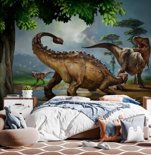 Pintura de dinossauros perto de um rio Pintura de dinossauros perto de um rio