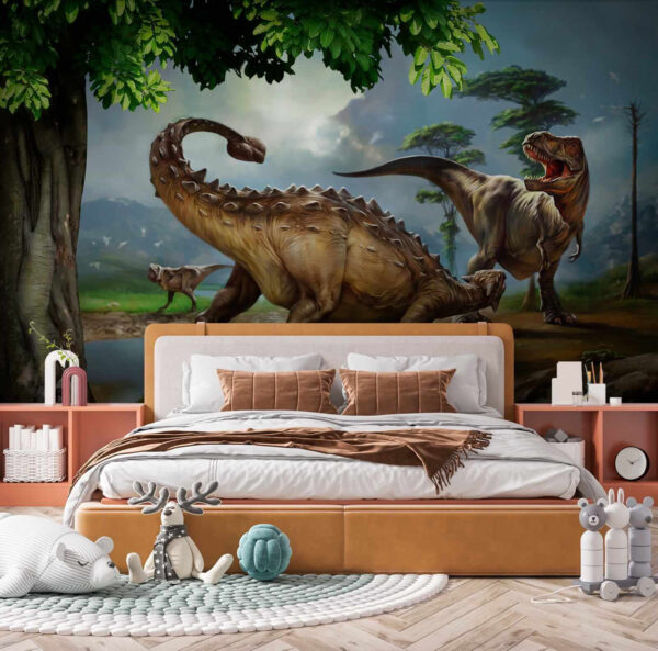 Pintura de dinossauros perto de um rio Pintura de dinossauros perto de um rio