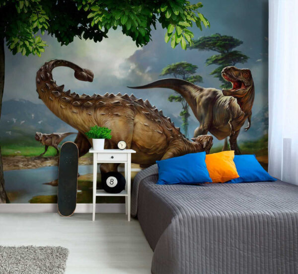 Pintura de dinossauros perto de um rio Pintura de dinossauros perto de um rio