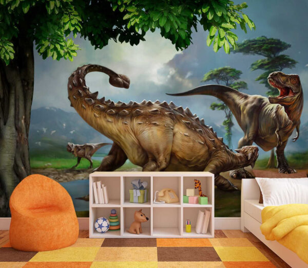 Pintura de dinossauros perto de um rio Pintura de dinossauros perto de um rio