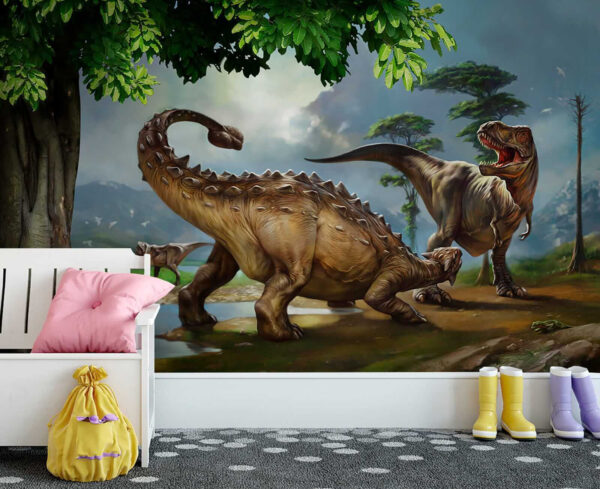 Pintura de dinossauros perto de um rio Pintura de dinossauros perto de um rio