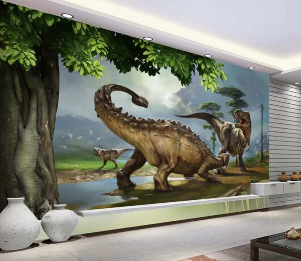 Pintura de dinossauros perto de um rio Pintura de dinossauros perto de um rio