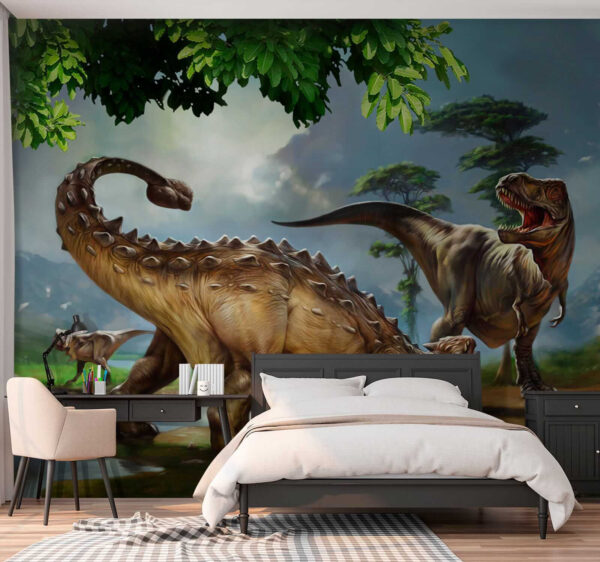 Pintura de dinossauros perto de um rio Pintura de dinossauros perto de um rio