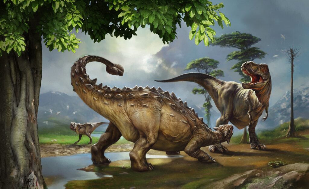 Pintura de dinossauros perto de um rio Pintura de dinossauros perto de um rio
