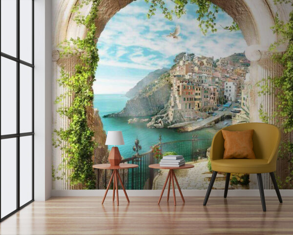 Arco de pedra com vista para uma cidade e água Arco de pedra com vista para uma cidade e água