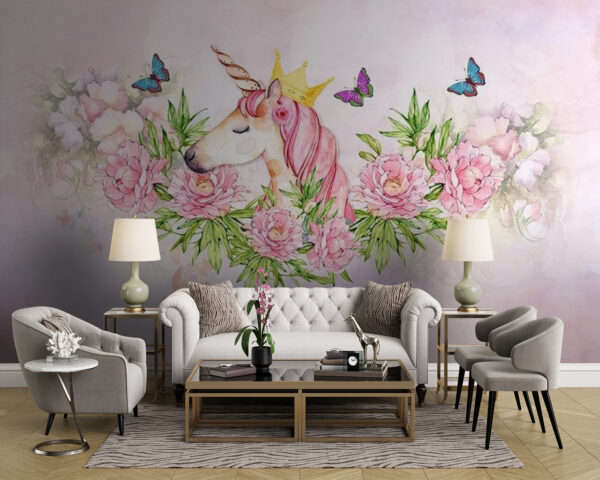 Unicórnio com uma coroa e flores Unicórnio com uma coroa e flores
