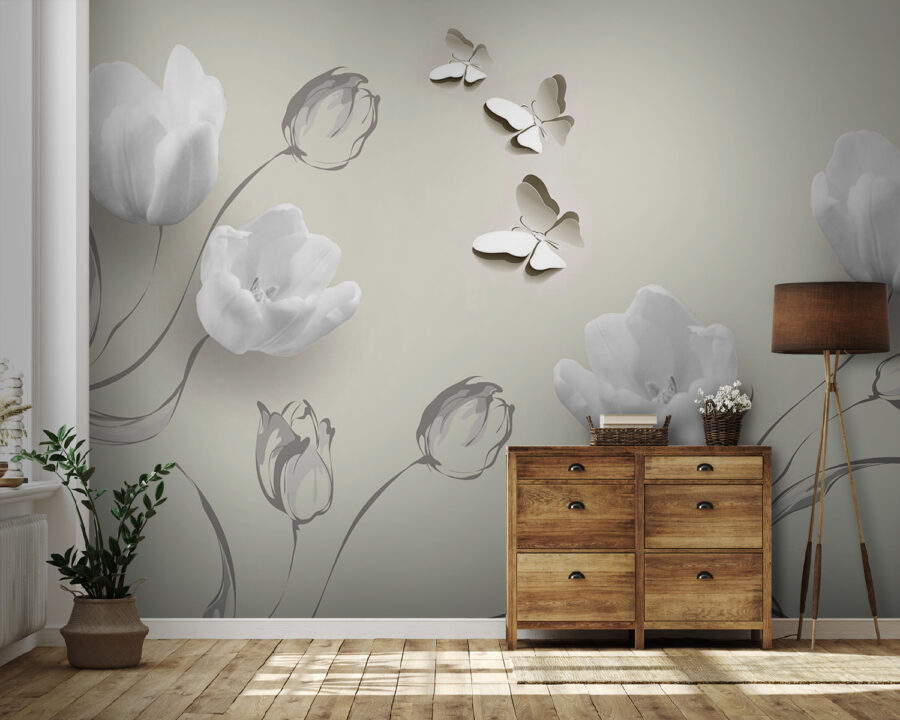 Papel de parede Flores brancas e borboletas - Image 4