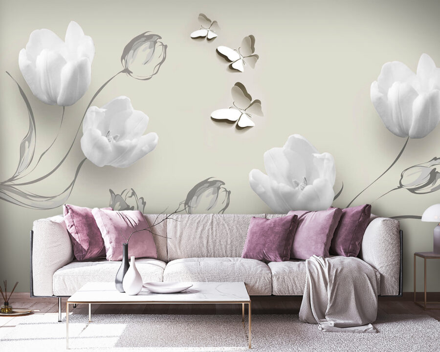 Papel de parede Flores brancas e borboletas - Image 3