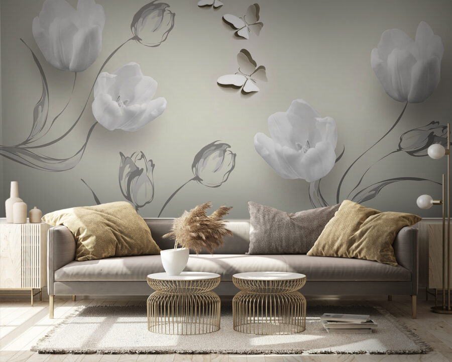 Papel de parede Flores brancas e borboletas