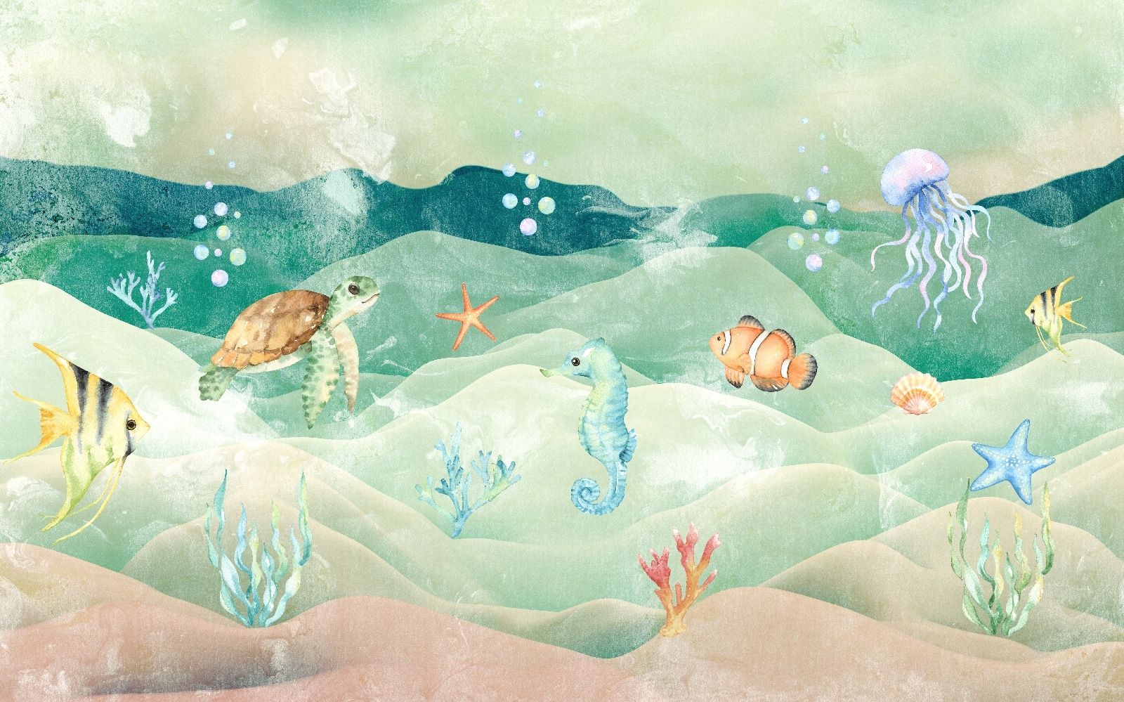 Sea life with seahorses and seaweed Sea life with seahorses and seaweed