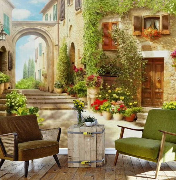 Papel de parede Edifício de pedra com uma porta e uma entrada com plantas em vasos (REF: u25419) Papel de parede Papel de parede Edifício de pedra com uma porta e uma entrada com plantas em vasos (REF: u25419)