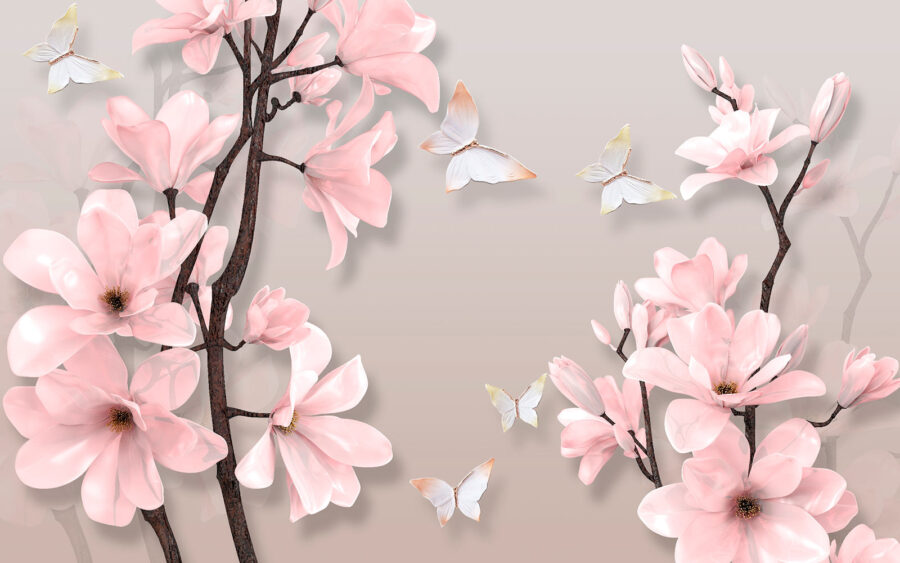Flores cor-de-rosa e borboletas numa árvore