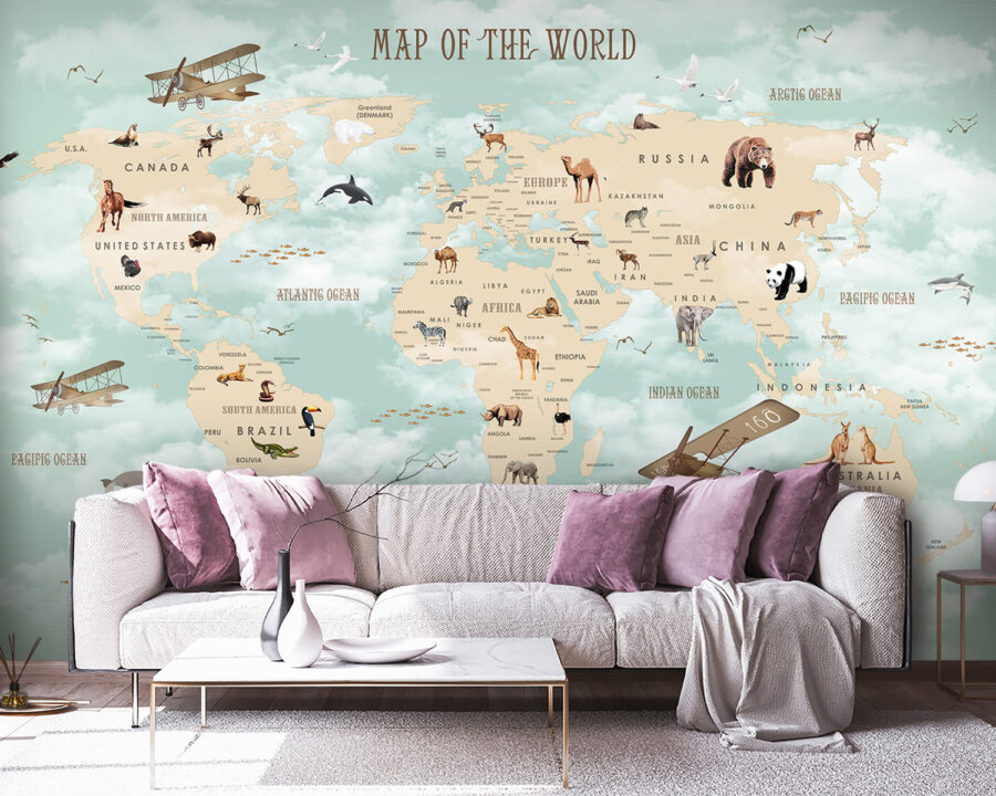 Mapa do mundo com animais