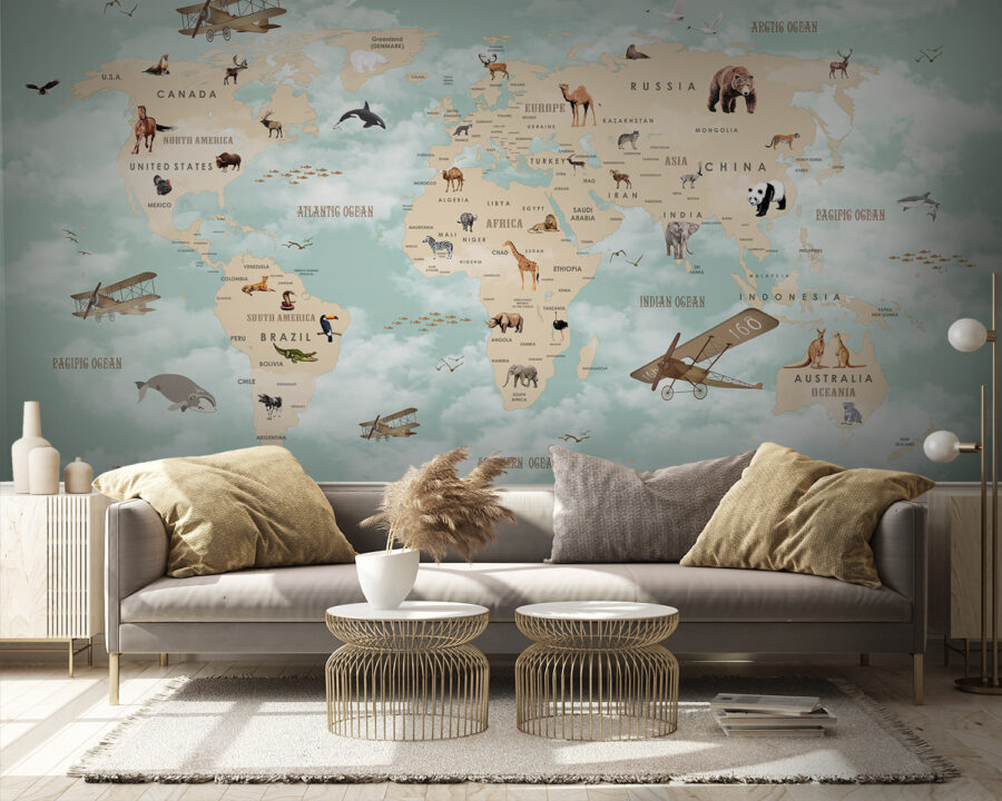 Mapa do mundo com animais