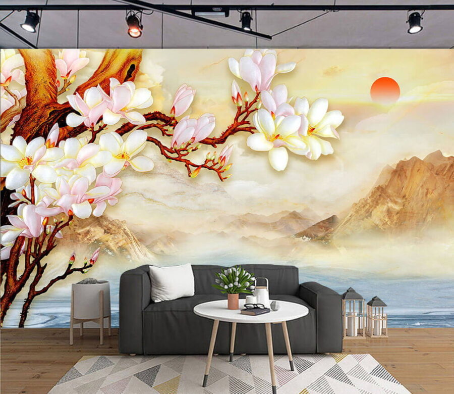 Pintura de um ramo com flores e montanhas no fundo