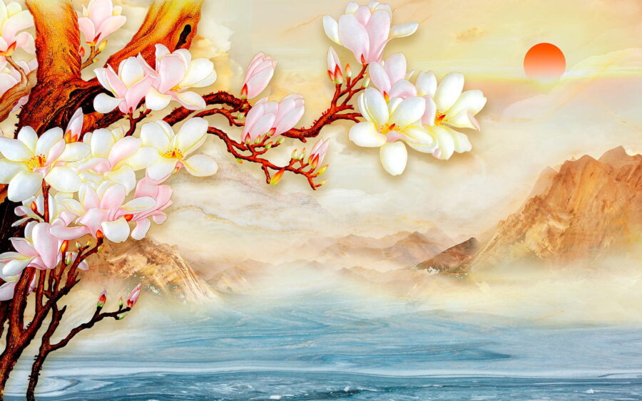 Pintura de um ramo com flores e montanhas no fundo