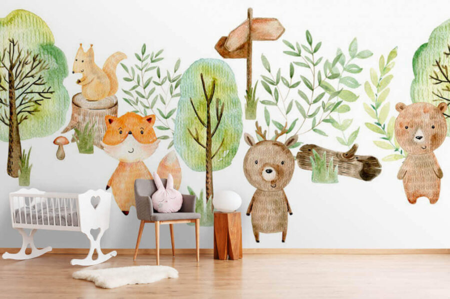 Ilustração em aguarela de animais e árvores