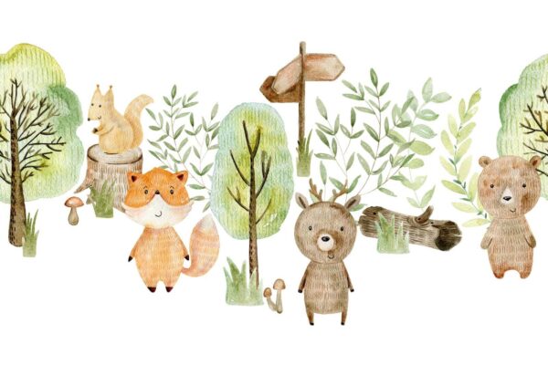 Ilustração em aguarela de animais e árvores Ilustração em aguarela de animais e árvores