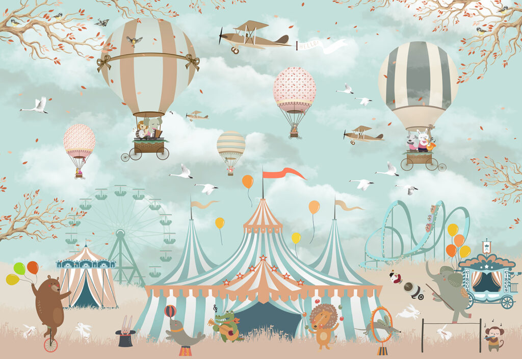 Tenda de circo com balões de ar quente e pássaros Tenda de circo com balões de ar quente e pássaros