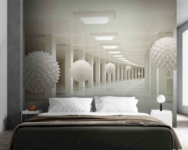 Quarto branco com bolas brancas no teto Quarto branco com bolas brancas no teto