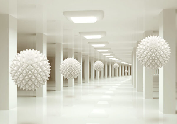 Quarto branco com bolas brancas no teto Quarto branco com bolas brancas no teto