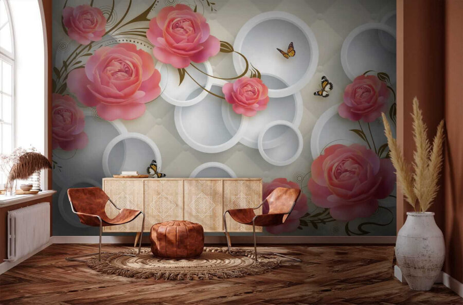 Papel de parede com rosas e borboletas