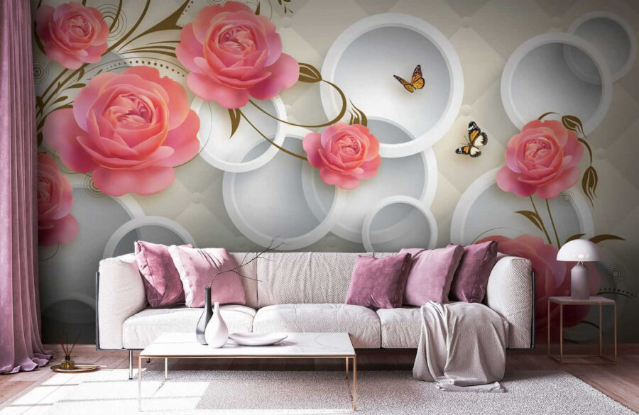 Papel de parede com rosas e borboletas