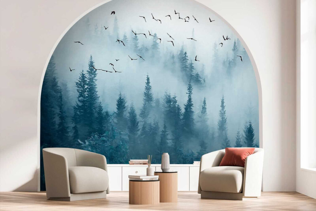 Birds flying over a forest