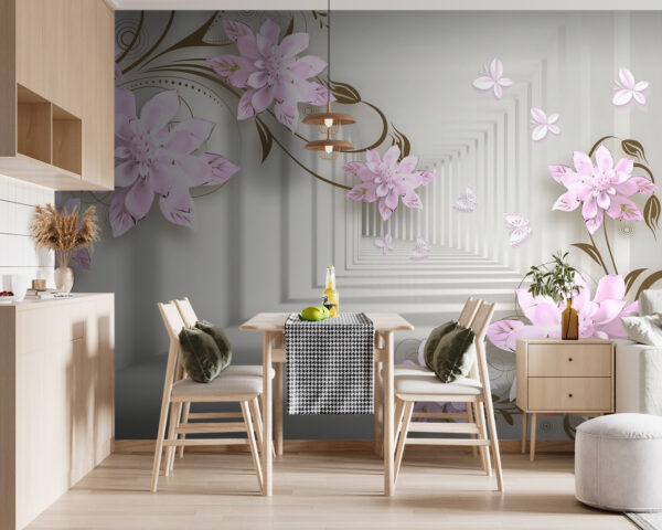 Wallpaper with flowers and swirls