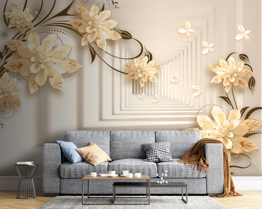Papel de parede com flores e borboletas