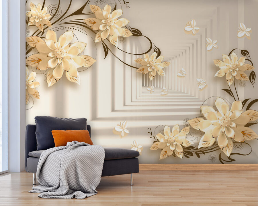 Papel de parede com flores e borboletas