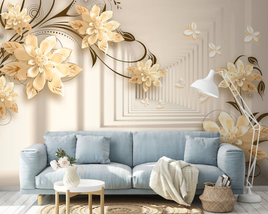 Papel de parede com flores e borboletas