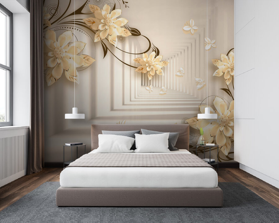 Papel de parede com flores e borboletas