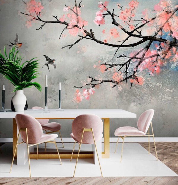 Ramo de árvore com flores cor-de-rosa e pássaros a voar Ramo de árvore com flores cor-de-rosa e pássaros a voar