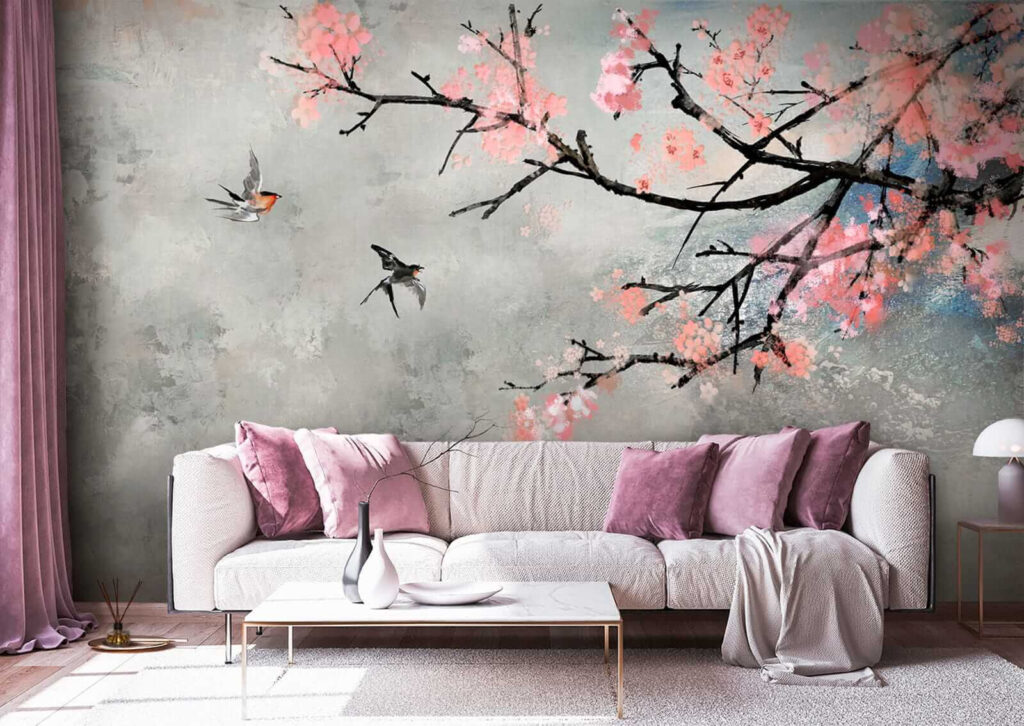 Tree branch with pink flowers and birds flying Tree branch with pink flowers and birds flying