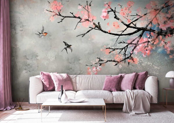Ramo de árvore com flores cor-de-rosa e pássaros a voar Ramo de árvore com flores cor-de-rosa e pássaros a voar