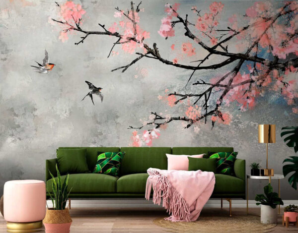 Ramo de árvore com flores cor-de-rosa e pássaros a voar Ramo de árvore com flores cor-de-rosa e pássaros a voar