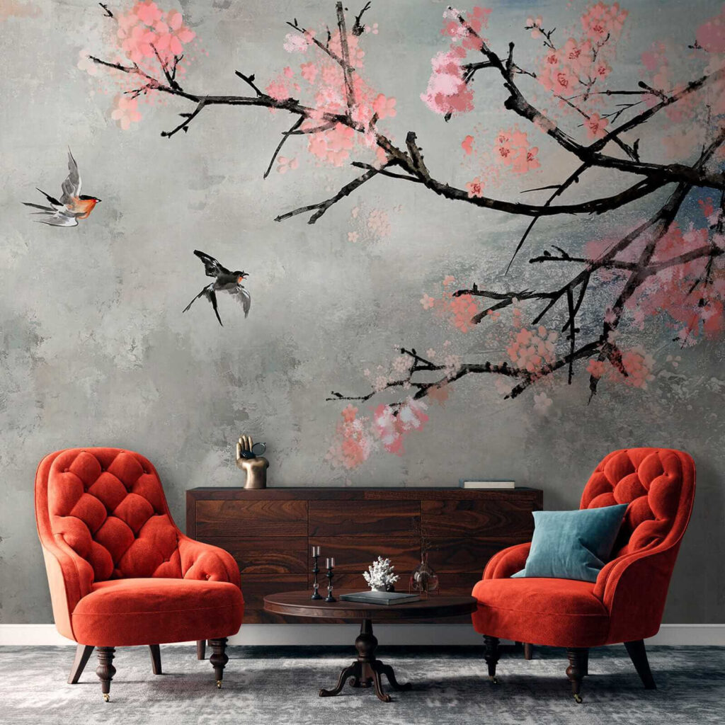 Tree branch with pink flowers and birds flying Tree branch with pink flowers and birds flying