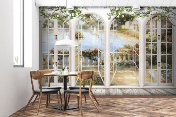 Wall mural of a garden with a view of a balcony Wall mural of a garden with a view of a balcony