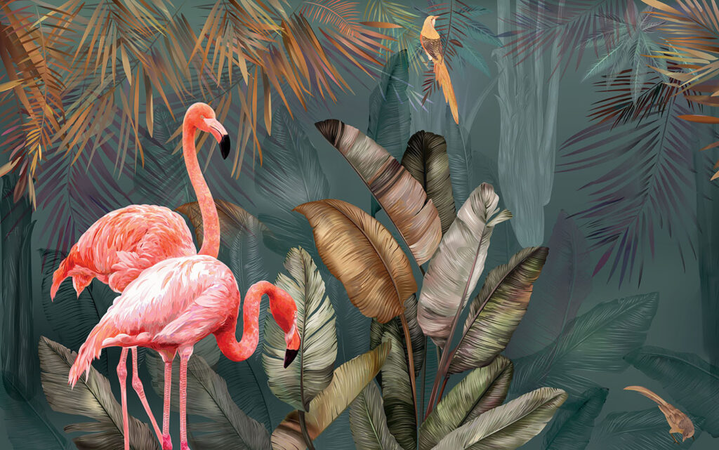 Flamingos cor-de-rosa e um pássaro numa floresta Flamingos cor-de-rosa e um pássaro numa floresta
