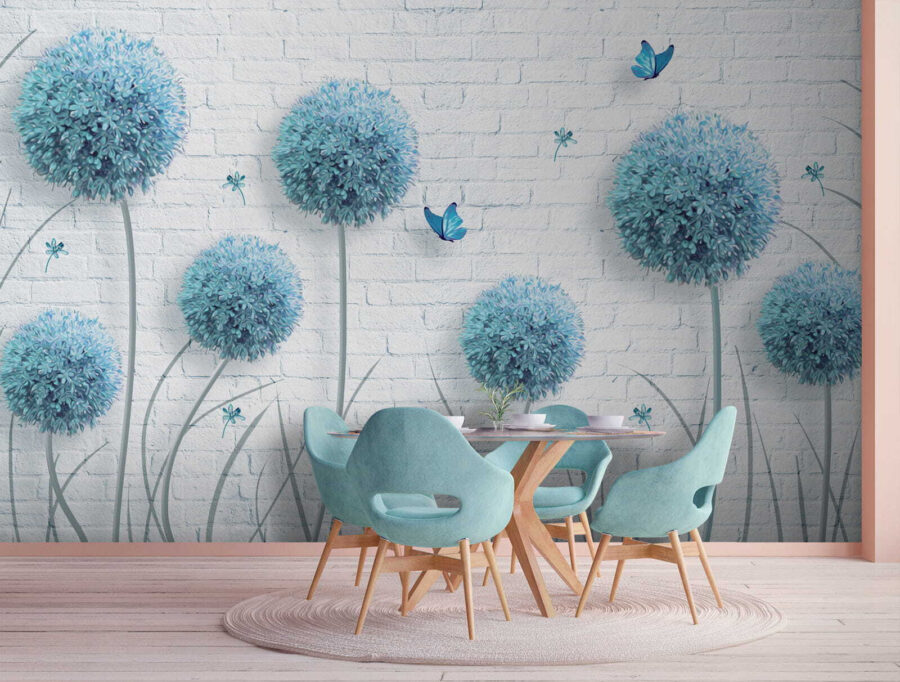 Papel de parede com flores azuis e borboletas