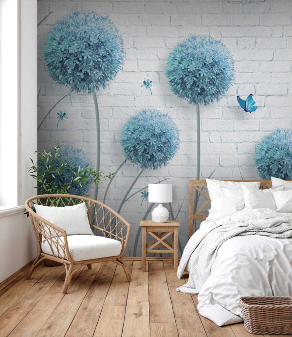 Papel de parede com flores azuis e borboletas Papel de parede com flores azuis e borboletas