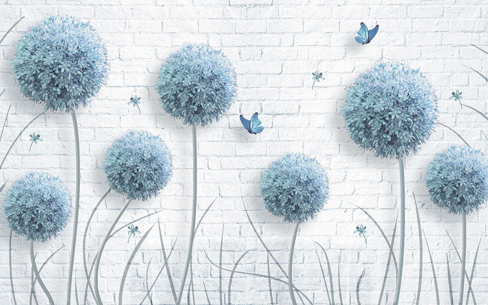 Wallpaper with blue flowers and butterflies