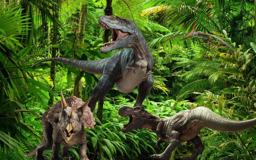 Grupo de dinossauros numa floresta Grupo de dinossauros numa floresta