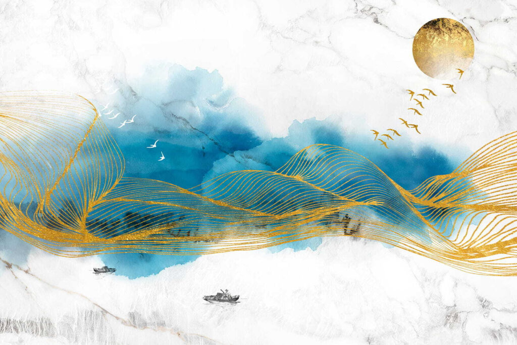 Pintura de ondas e pássaros Pintura de ondas e pássaros