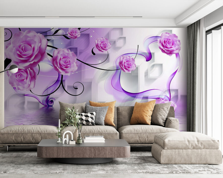 Papel de parede Rosas púrpura e redemoinhos num fundo branco - Image 3
